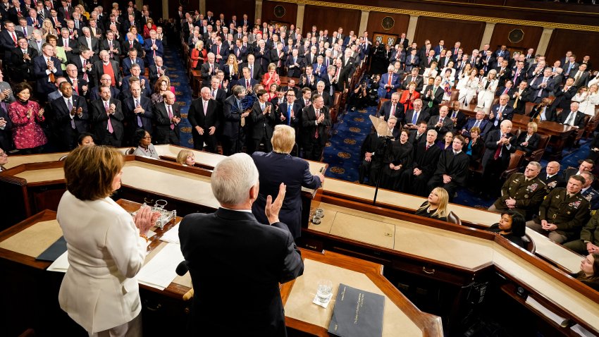 WASHINGTON, DC – FEBRUARY 04: U.S. President Donald Trump delivers the State of the Union address at the U.S. Capitol on February 4, 2020 in Washington, DC. President Trump delivers his third State of the Union to the nation the night before the U.S. Senate is set to vote in his impeachment trial. (Photo by Doug Mills-Pool/Getty Images)