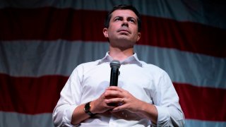 In this file photo, 2020 Democratic presidential hopeful Mayor of South Bend, Indiana Pete Buttigieg speaks at the Wing Ding Dinner on August 9, 2019 in Clear Lake, Iowa.