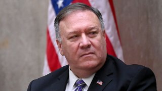 In this Sept. 14, 2020, file photo, Secretary of State Mike Pompeo listens during the third annual US-Qatar Strategic Dialogue at the State Department in Washington, DC.