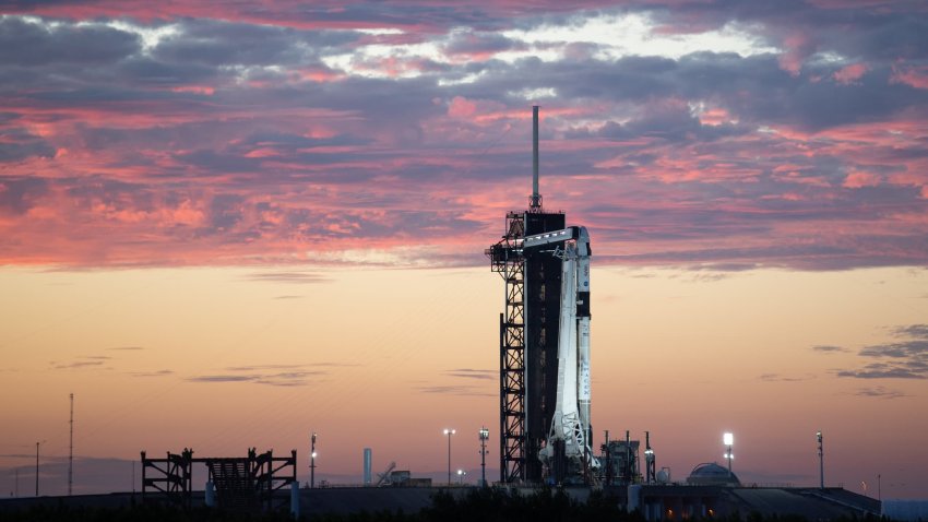 A SpaceX Falcon 9 rocket with the company’s Crew Dragon spacecraft onboard is seen at sunset on the launch pad at Launch Complex 39A as preparations continue for the Crew-3 mission, Wednesday, Oct. 27, 2021, at NASA’s Kennedy Space Center in Florida.