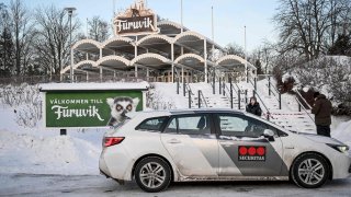 A photo taken on December 15, 2022 shows a vehicle of a security company near the main entrance of the Furuvik Zoo