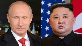 Esta combinación de fotografías de archivo tomadas el 18 de abril de 2019 muestra retratos del presidente ruso Vladimir Putin (izq.) tomados el 31 de diciembre de 2014 en Moscú, y del líder de Corea del Norte, Kim Jong Un, tomados el 27 de febrero de 2019 en Hanoi.