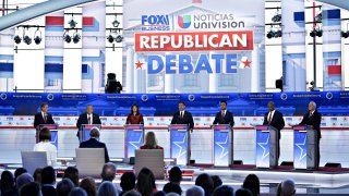 2024 Republican presidential candidates Doug Burgum, from left, Chris Christie, Nikki Haley, Ron DeSantis, Vivek Ramaswamy, Senator Tim Scott and former US Vice President Mike Pence during a debate hosted by Fox Business Network in Simi Valley, California, US.