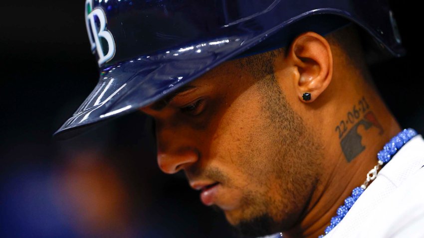 ST PETERSBURG, FLORIDA – AUGUST 12: Wander Franco #5 of the Tampa Bay Rays looks on during the ninth inning against the Cleveland Guardians at Tropicana Field on August 12, 2023 in St Petersburg, Florida. (Photo by Douglas P. DeFelice/Getty Images)