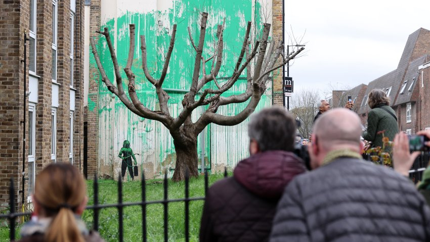 Crowds gather to view a Banksy artwork, a stencil of a person having spray painted tree foliage onto a wall behind a leafless tree, a graffiti artwork confirmed as being the work of the famous street artist near Finsbury Park in north London on March 18, 2024.