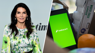 Foto de la actriz Angie Harmon y el logotipo de Instacart.