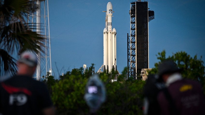 A SpaceX Falcon Heavy rocket carrying the National Oceanic and Atmospheric Administration’s (NOAA) weather satellite Geostationary Operational Environmental Satellite U (GOES-U) sits on launch pad 39A at NASA’s Kennedy Space Center in Cape Canaveral, Florida, on June 25, 2024. The two-hour launch window opens at 5:16 p.m. EDT June 25. The GOES satellites provide coverage of the Western Hemisphere weather, including monitoring tropical systems in the eastern Pacific and Atlantic oceans. (Photo by Miguel J. Rodriguez Carrillo / AFP) (Photo by MIGUEL J. RODRIGUEZ CARRILLO/AFP via Getty Images)