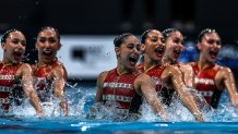 BUDAPEST, HUNGARY - JULY 5: Team of Mexico compete in the Woman Open Team Technical Final at the World Aquatics Artistic Swimming World Cup Super Final Budapest 2024 - Day 1 on July 5, 2024 in Budapest, Hungary. (Photo by David Balogh/Getty Images)