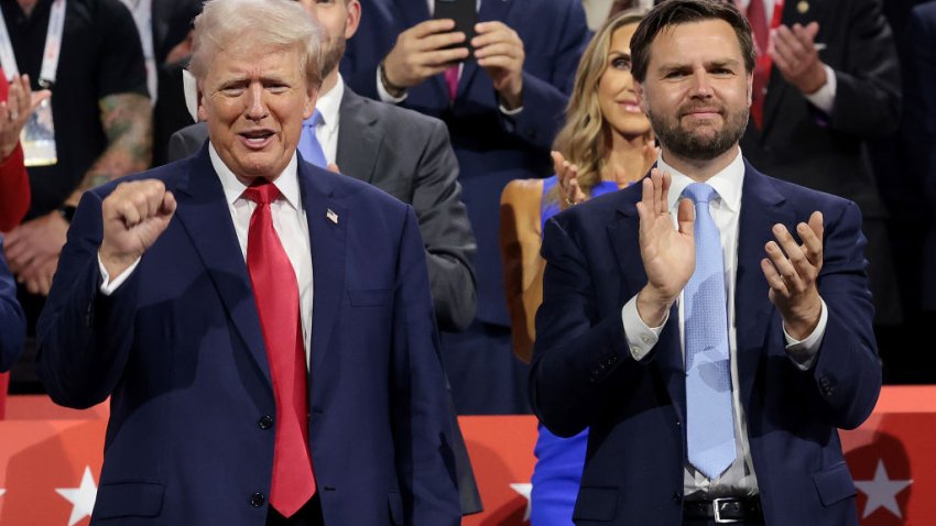 MILWAUKEE, WISCONSIN – JULY 15: Republican presidential candidate, former U.S. President Donald Trump (L) and Republican vice presidential candidate, U.S. Sen. J.D. Vance (R-OH) appear on the first day of the Republican National Convention at the Fiserv Forum on July 15, 2024 in Milwaukee, Wisconsin. Delegates, politicians, and the Republican faithful are in Milwaukee for the annual convention, concluding with former President Donald Trump accepting his party’s presidential nomination. The RNC takes place from July 15-18. (Photo by Win McNamee/Getty Images)