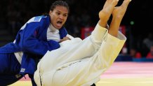 Belgium's Gabriella Willems and Puerto Rico's Maria Perez (Blue) compete in the judo women's -70kg round of 32 bout of the Paris 2024 Olympic Games at the Champ-de-Mars Arena, in Paris on July 31, 2024. (Photo by Jack GUEZ / AFP) (Photo by JACK GUEZ/AFP via Getty Images)