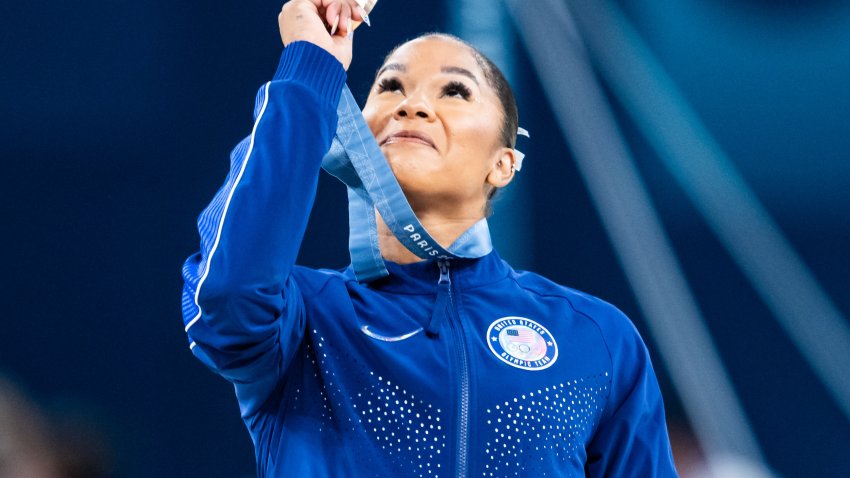 Bronze medalist Jordan Chiles of Team United States celebrates after the Artistic Gymnastics Women’s Floor Exercise Final on day ten of the Olympic Games Paris 2024 at the Bercy Arena on August 5, 2024 in Paris, France.