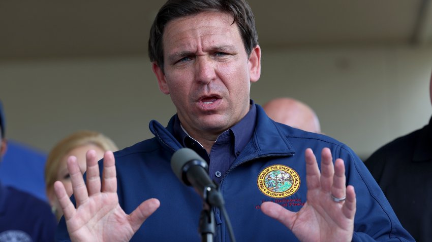 CAPE CORAL, FLORIDA – OCTOBER 04: Florida Governor Ron DeSantis speaks during a press conference to update information about the on ongoing efforts to help people after hurricane Ian passed through the area on October 4, 2022 in Cape Coral, Florida.  The hurricane brought high winds, storm surge and rain to the area causing severe damage. (Photo by Joe Raedle/Getty Images)