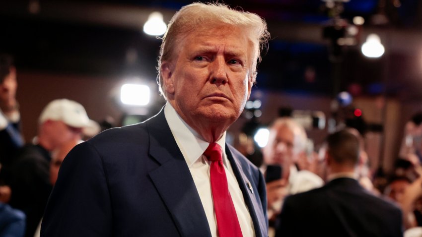 Former US President Donald Trump speaks to members of the media in the spin room following the second presidential debate at the Pennsylvania Convention Center in Philadelphia, Pennsylvania, US, on Tuesday, Sept. 10, 2024. Democrat Kamala Harris and Republican Donald Trump sparred through their first debate, with the former president often on the defensive over abortion rights, the January 6 insurrection and on foreign policy. Photographer: Hannah Beier/Bloomberg via Getty Images