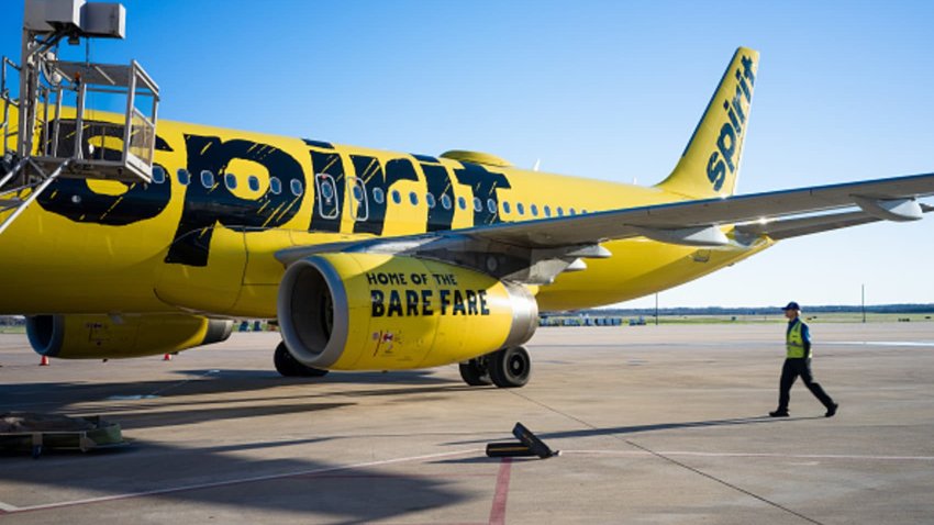 A Spirit Airlines aircraft undergoes operations in preparation for departure at the Austin-Bergstrom International Airport in Austin, Texas, on Feb. 12, 2024.