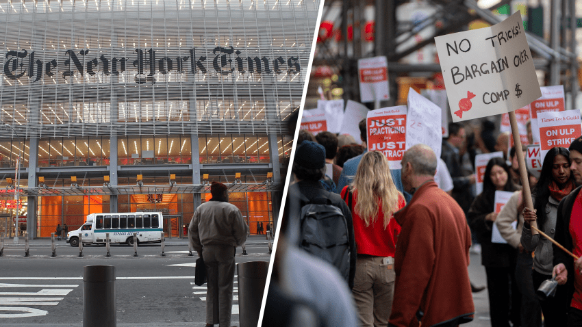 Miembros de The New York Times Tech Guild protestan frente al edificio de la sede del New York Times en Nueva York el 4 de noviembre de 2024.