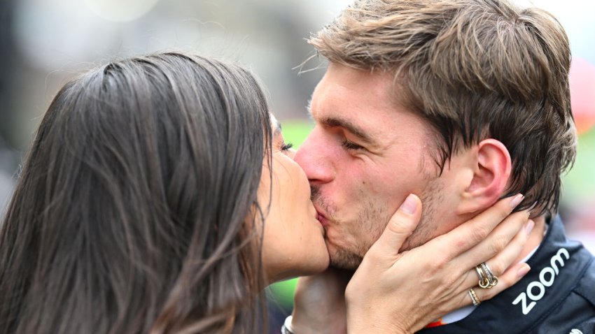 SAO PAULO, BRAZIL – NOVEMBER 03: Race winner Max Verstappen of the Netherlands and Oracle Red Bull Racing celebrates with Kelly Piquet in parc ferme after the F1 Grand Prix of Brazil at Autodromo Jose Carlos Pace on November 03, 2024 in Sao Paulo, Brazil. (Photo by Clive Mason/Getty Images)