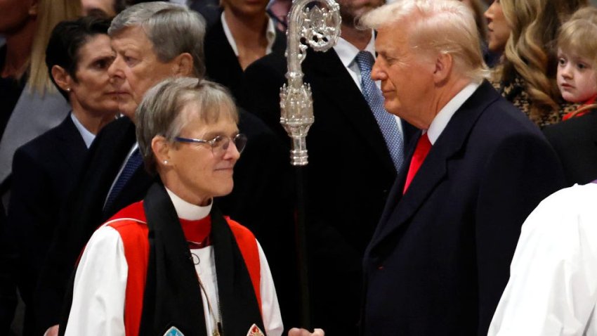 WASHINGTON, DC – JANUARY 21: (EDITOR’S NOTE: Alternate crop) Bishop Mariann Edgar Budde (L) arrives as U.S. President Donald Trump looks on during the National Prayer Service at Washington National Cathedral on January 21, 2025 in Washington, DC. Tuesday marks Trump’s first full day of his second term in the White House. (Photo by Chip Somodevilla/Getty Images)