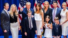 NEW YORK, NY - JUNE 16:   (L-R) Eric Trump, Lara Yunaska Trump, Donald Trump, Barron Trump, Melania Trump, Vanessa Haydon Trump, Kai Madison Trump, Donald Trump Jr., Donald John Trump III, and  Ivanka Trump pose for photos on stage after Donald Trump announced his candidacy for the U.S. presidency at Trump Tower on June 16, 2015 in New York City. Trump is the 12th Republican who has announced running for the White House.  (Photo by Christopher Gregory/Getty Images)