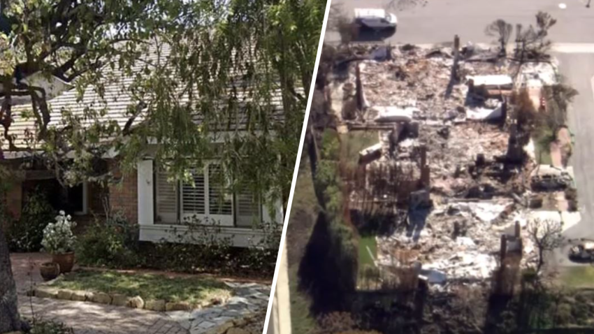 Image shows a Pacific Palisades home before and after the Palisades Fire.