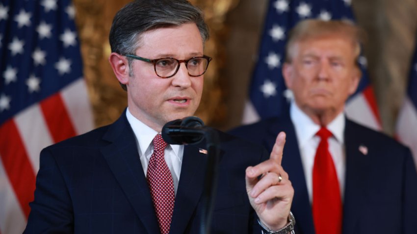 PALM BEACH, FLORIDA – APRIL 12: Republican presidential candidate former President Donald Trump listens as Speaker of the House Mike Johnson (R-LA) speaks during a press conference at Mr. Trump’s Mar-a-Lago estate on April 12, 2024, in Palm Beach, Florida. They spoke about  “election integrity,” which has been one of the former president’s top issues.  (Photo by Joe Raedle/Getty Images)