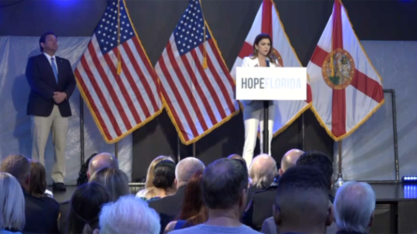 Florida Gov. Ron DeSantis and First Lady Casey DeSantis speak about Hope Florida on April 24, 2025.
