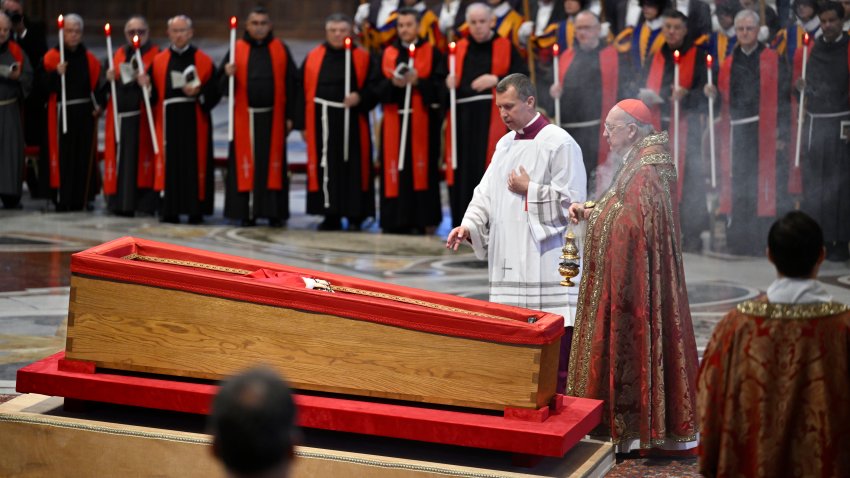 File. The body of Pope Francis lies in state at the Basilica St Peter on April 23, 2025 in Vatican City, Vatican.
