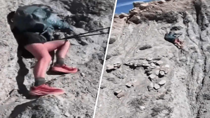 Video stills show a hiker stranded on a Pacific Crest Trail cliff Sunday April 13, 2025.