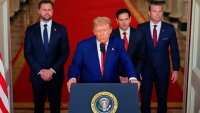 US Vice President JD Vance, from left, US President Donald Trump, Marco Rubio, US secretary of state, and Pete Hegseth, US secretary of defense, during an address to the nation in the East Room of the White House in Washington, DC, US, on Saturday, June 21, 2025. Trump said the US military struck three sites in Iran on Saturday, marking the first American involvement in direct attacks against Iranian nuclear assets in its conflict with Israel. Photographer: Carlos Barria/Reuters/Bloomberg via Getty Images