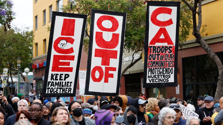 People hold a vigil at Fruitvale Station in Oakland, Calif. to show solidarity with demonstrations against ICE raids, on Tuesday, June 10, 2025. (Photo by Santiago Mejia/San Francisco Chronicle via Getty Images)