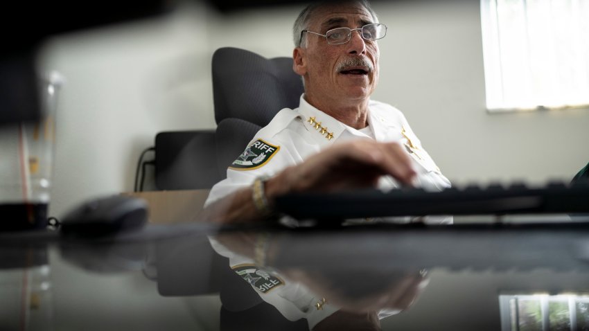 DAYTONA BEACH, FL – MARCH 27: Volusia County Sheriff Mike Chitwood checks his emails at the Volusia Sheriff’s Office – Stephen Saboda Training Center in Daytona Beach, Fla. on Monday, March 27 2023. Chitwood often receives threatening emails mixed in with important law enforcement messages. (Thomas Simonetti for The Washington Post via Getty Images)