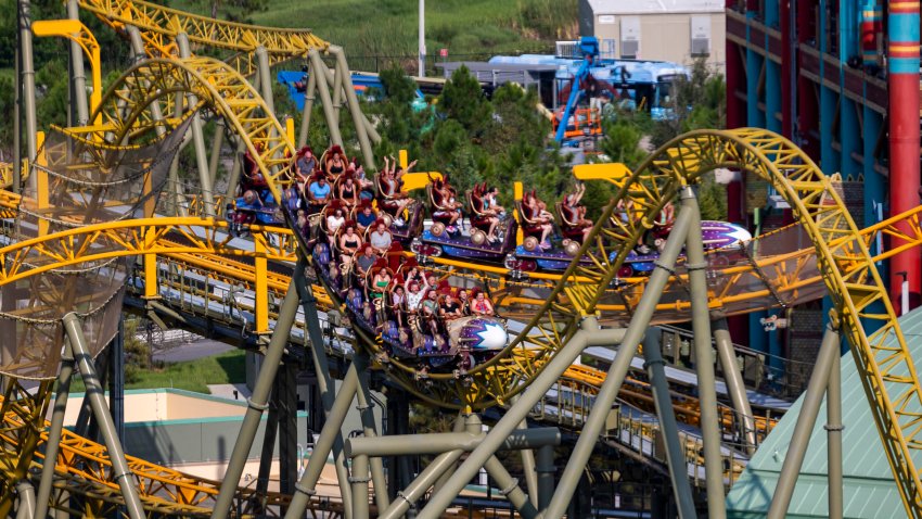 Theme park guests enjoy a ride on Stardust Racers within Celestial Park at Universal Epic Universe. The park celebrated its 100th day open on Aug. 30, 2025. (Patrick Connolly/Orlando Sentinel/Tribune News Service via Getty Images)