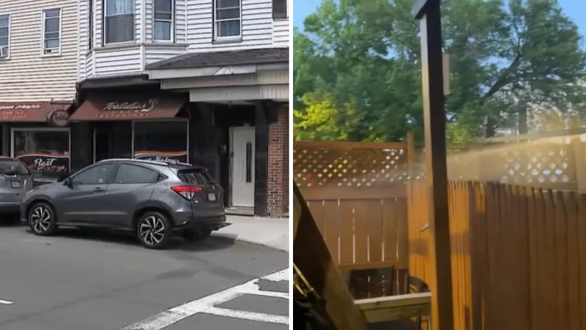 At left, an East Boston restaurant where neighbors are accused of hurling racist abuse at patrons. At right, video from the incident shows water being sprayed onto the patio.